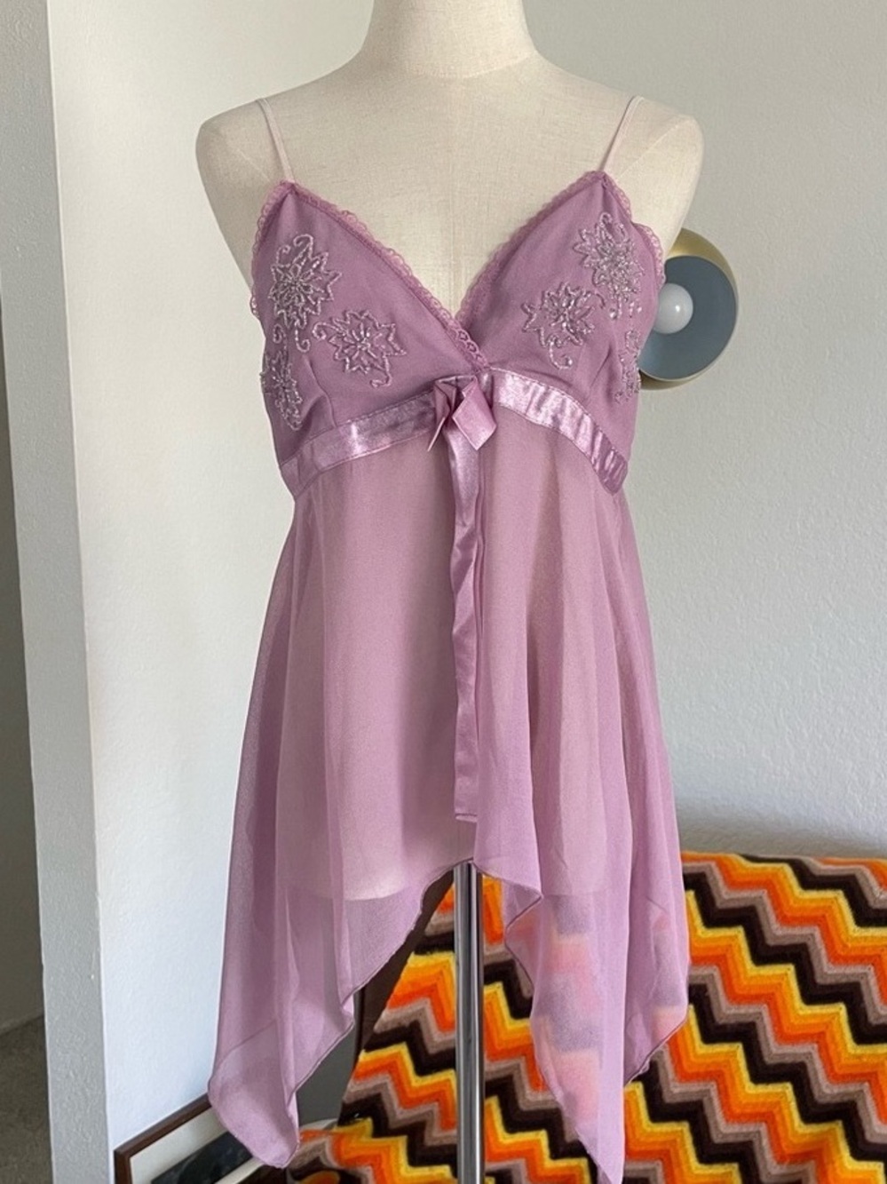 Lavender Asymmetrical Lace-Embellished Slip Dress